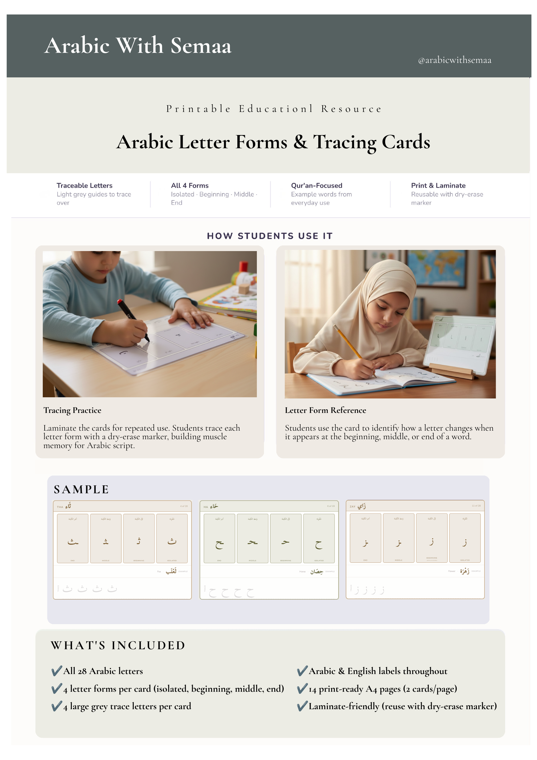 Arabic Letter Forms & Tracing Cards | Printable PDF